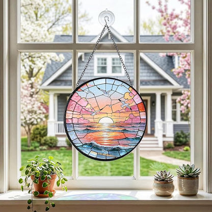 Hanging Stained Glass for Windows,20cm/7.87inch Sea Sunrise Stained Glass Suncatcher with Chain Garden Diamond Glass Panel Hangings Decoration for Home Decor Gifts for Family Friends Colleagues
