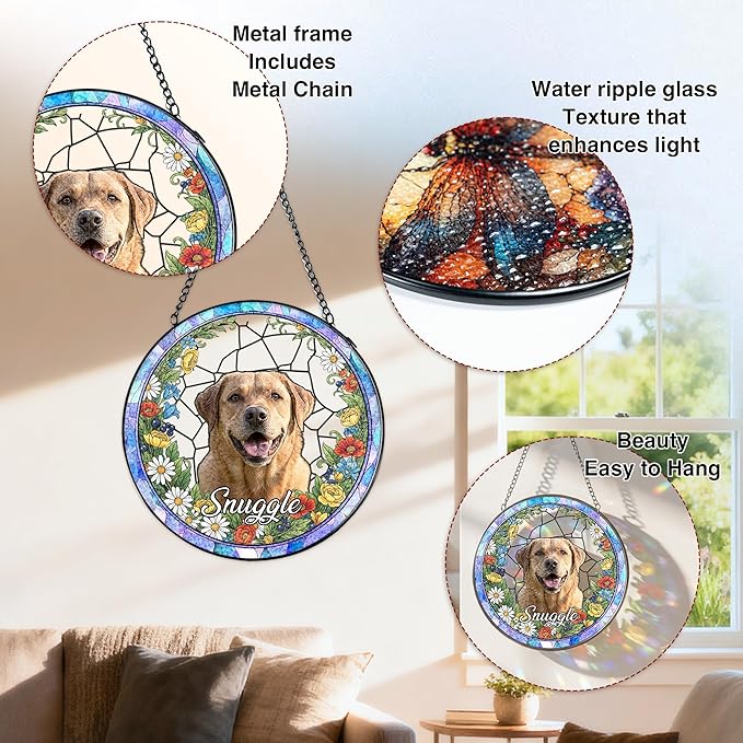 Personalized Pet Stained Glass Suncatcher, Dog Memorial Window Hanging, Sympathy Bereavement Potrait Photo Gift for Loss of Pet, Remembrance Gift for Dog Cat Lovers