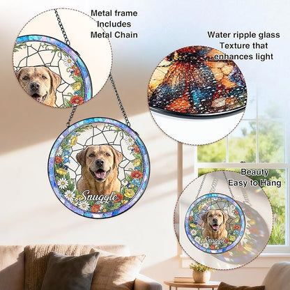 Personalized Pet Stained Glass Suncatcher, Dog Memorial Window Hanging, Sympathy Bereavement Potrait Photo Gift for Loss of Pet, Remembrance Gift for Dog Cat Lovers
