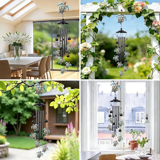 Sea Turtle Wind Chimes Outdoor with 4 Aluminum Tubes 36" Decorative Turtles Gifts for Women Rustic Design Hanging Wind Chime for Outside with Ring Home Decor for Garden Patio Yard Window