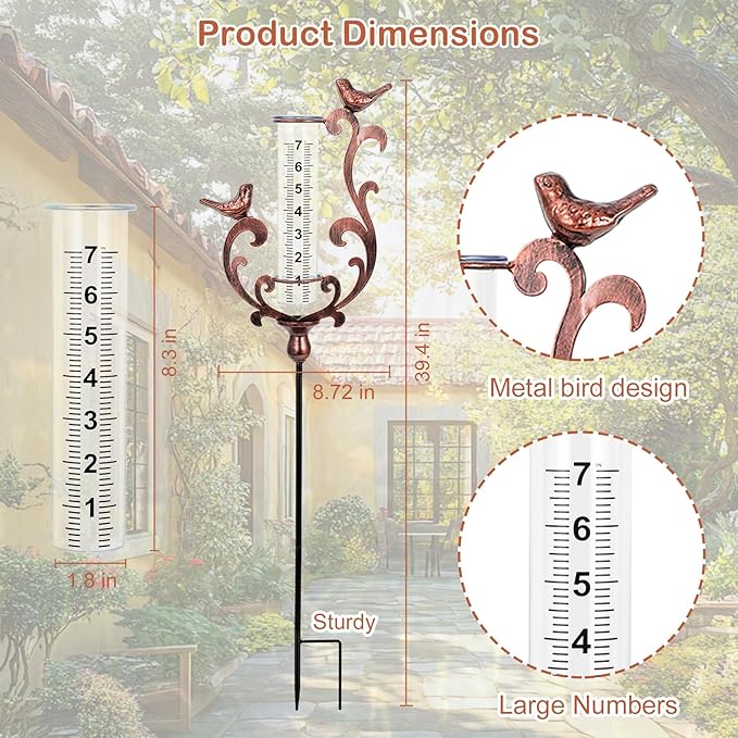 Rain Gauge Outdoor, Cast Iron Bird Rain Gauge - 7" Capacity Plastic Rain Gauge Freeze Proof with Metal Stake Decorative for Garden Yard Patio & Lawn with Large Readable Numbers