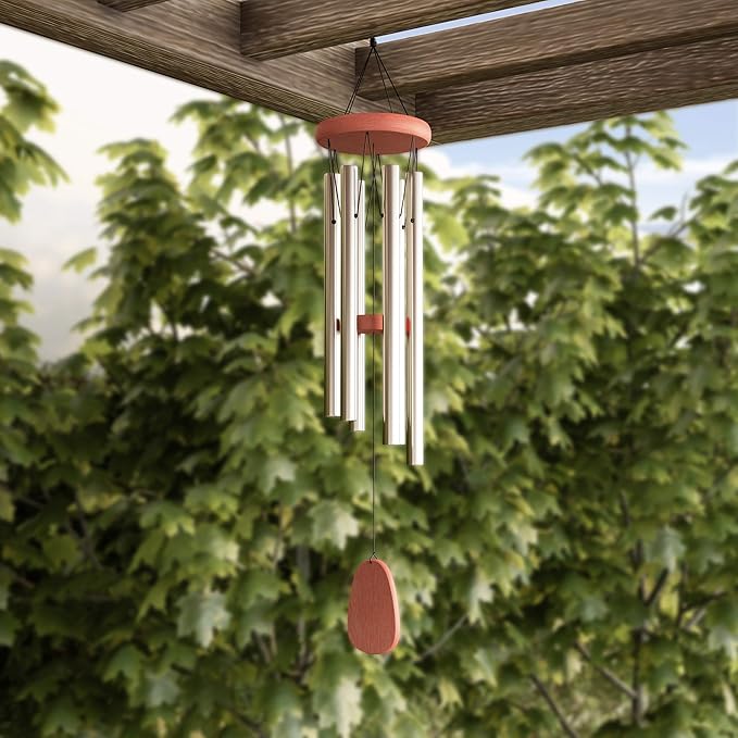 Metal and Wood Wind Chimes - 28-Inch Tuned Metal Chimes - Soothing Tones for Garden, Patio, Porch, or Outdoor Decor by Pure Garden (Silver Finish)