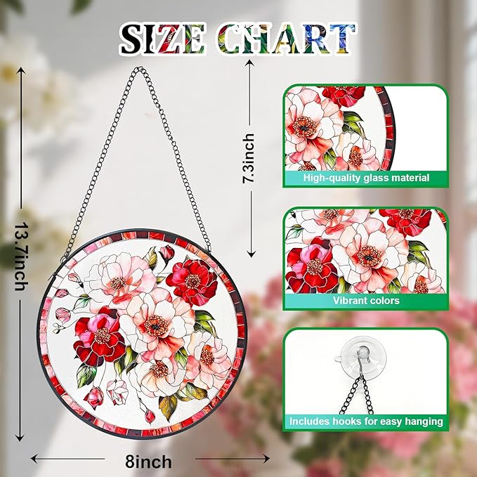 Stained Glass Window Hanging, Pink Flower Sun Catchers for Windows Hanging Ornaments, Garden Sun Catcher Panel Gifts for Flower Lover for Women, Mom, Grandma