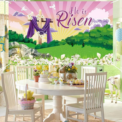 Large He is Risen Easter Banner Decorations Flag Outdoor 72x44 Inch, Cross Sign Christian Jesus Lily Flowers Banner for Indoor Home House Decor Party Supplies, Spring Yard Sign Background for Photography