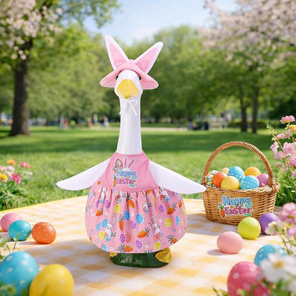 Watayo 2 Pcs/Set Easter Bunny Porch Goose Outfits, Spring Easter Rabbit Lawn Goose Clothing Costume, Garden Goose Clothes Pink Dress and Bunny Ears Hat for 23" High Statue Outdoor Patio Yard Decor