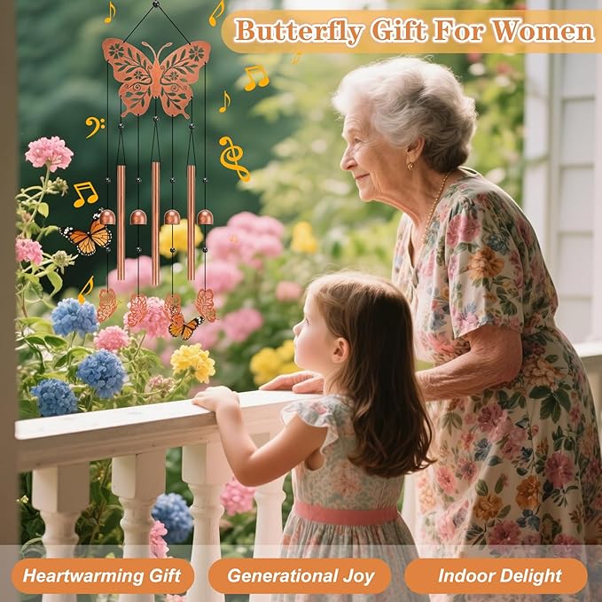 Butterfly Wind Chime for Outside,Butterfly Gifts for Women Men,Horizontal Metal Memorial Butterflies Birthday Gifts for Women Men Garden Decor