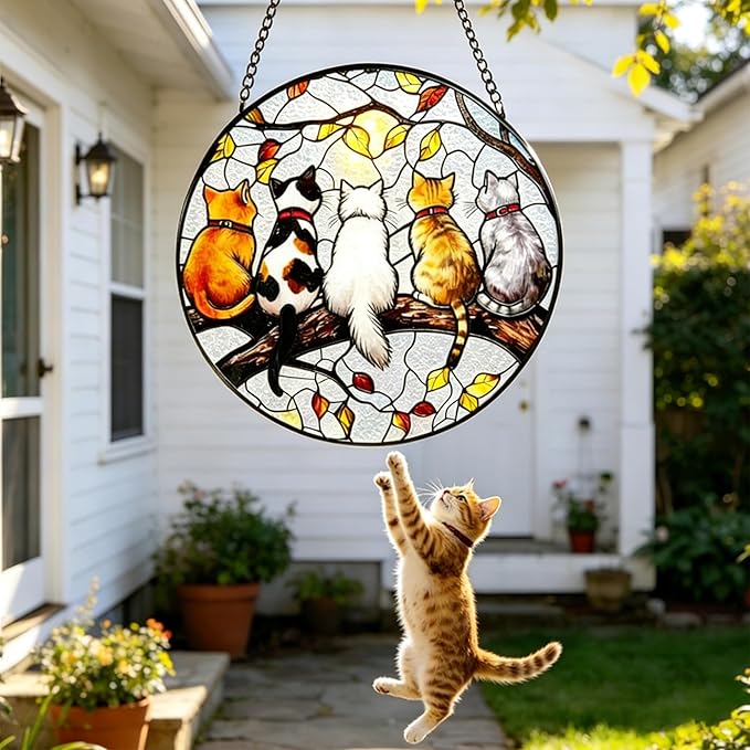 Cat Suncatcher Stained Glass Window Hanging - Cat Lover Gifts for Women Mom Friend Teacher, Birthday Mother's Day Christmas Housewarming Home Decor for Kitchen Living Room Indoor & Garden 7.8 in