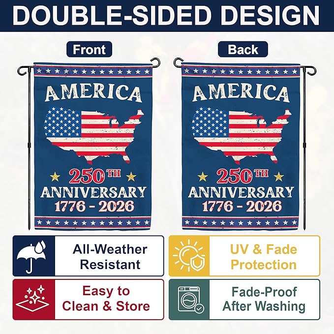 250th Anniversary America USA Garden Flag for Outside, USA Map 250 Years of Freedom 1776-2026 Patriotic Double-Sided Waterproof Yard Flag 12x18 Inch for 4th of July Memorial Day Outdoor Deco