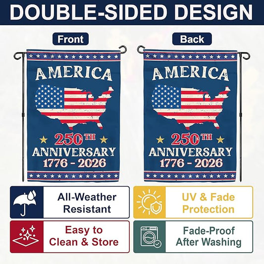 250th Anniversary America USA Garden Flag for Outside, USA Map 250 Years of Freedom 1776-2026 Patriotic Double-Sided Waterproof Yard Flag 12x18 Inch for 4th of July Memorial Day Outdoor Deco