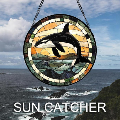 Stained Glass Window Hanging Ocean Wave Killer Whale 7.8" - Suncatcher Door Garden Sunroom Sun Catcher Home Decor Birthday Christmas for Mom Men Woman Nana