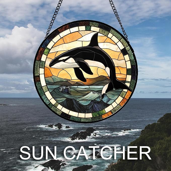 Stained Glass Window Hanging Ocean Wave Killer Whale 9.8" - Suncatcher Door Garden Sunroom Sun Catcher Home Decor Birthday Christmas for Mom Men Woman Nana