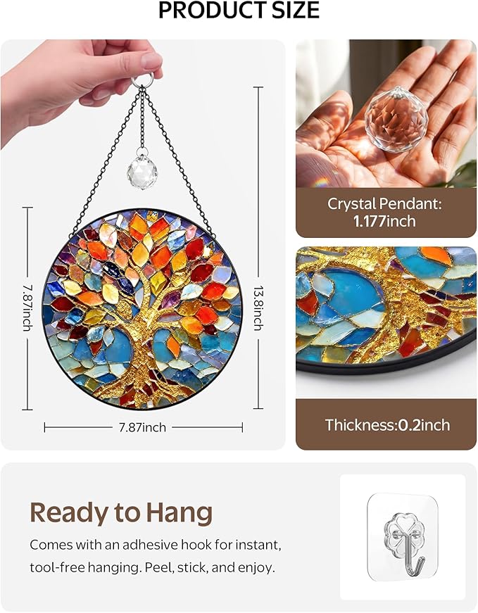 Stained Glass Window Hanging Tree of Life Sun Catcher, 7.8 Inch Suncatchers for Windows Hanging, Tree of Life Window Art Home Decor Gift for Women