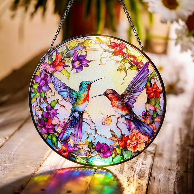 Stained Glass Window Hanging Hummingbird Sun Catcher Indoor and Outdoor, Window Garden Decor Art, Stained Glass Suncathers, Hummingbird Gifts for Women,Mom, Grandma and Wife 7.8’’ Purple