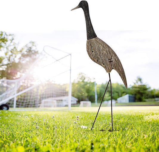 E-view Garden Heron Statue Outdoor Wood Standing Bird Sculptures - Backyard Porch Patio Pond Decorations Yard Art Wooden Heron Lawn Decor, 31Inches High