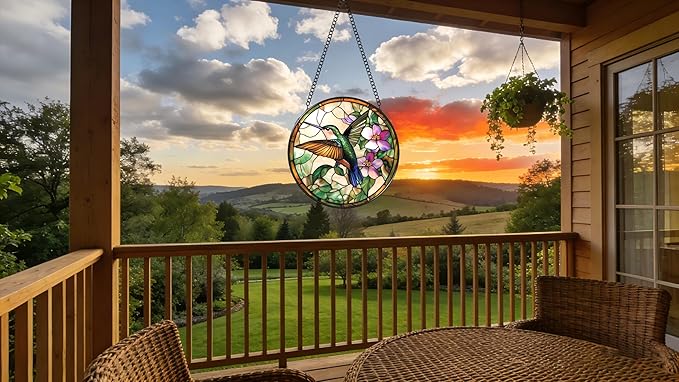 Stained Glass Window Hanging - Green Hummingbirds and Purple Flowers 6.3 Inches Suncatcher for Garden Home Decor for Women Mon Grandma Friends