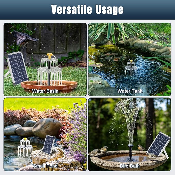 3-Tier Solar Fountain for Bird Bath, Solar Water Pump Waterfall Feature with Colorful Light 3 Nozzles 6W Solar Panel for Bird Bath, Yard Garden Decoration Garden, Outdoor Bird Feeder