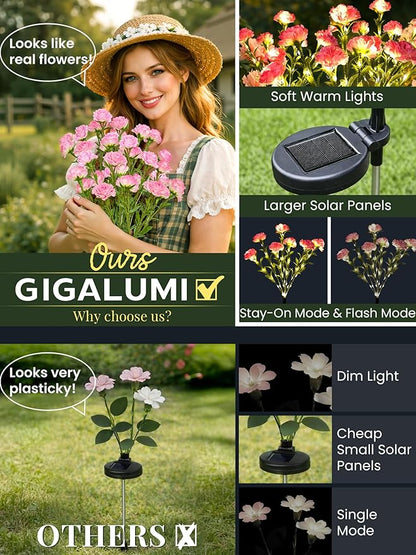 GIGALUMI Solar Lights Outdoor for Garden Decor, 4 Pack Solar Flower Lights Waterproof, 2 Lighting Modes 28 Carnations for Pathway,Yard, Patio Decoration, Gardening Gifts for Women (Pink)