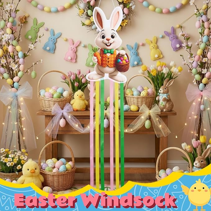 Soulchen Easter Bunny Windsock for Outside 40'' Windsocks for Easter Day Decorations Hanging Bunny for Farmhouse Garden Home Yard Decor