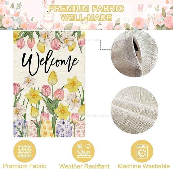 Baccessor Welcome Easter House Flag 28 x 40 Inch, Double Sided Burlap Tulip Daffodil Colorful Eggs Farmhouse Large Yard Flag Seasonal Holiday Spring Easter Outdoor Decor
