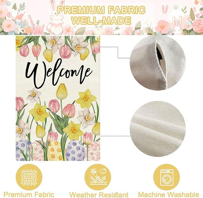 Baccessor Welcome Easter House Flag 28 x 40 Inch, Double Sided Burlap Tulip Daffodil Colorful Eggs Farmhouse Large Yard Flag Seasonal Holiday Spring Easter Outdoor Decor