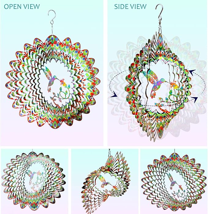 Aoedelyart Hummingbird Wind Spinner for Yard and Garden,12in 3D Wind Spinner Hummingbird Gift for Women/Mother/Father/Men,Hanging Bird Wind Catchers Kinetic Yard Art Ornaments Outdoor Wind Sculptures
