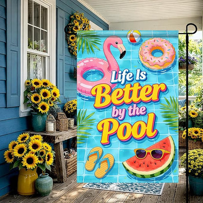 BlissYard Life Is Better By The Pool Garden Flag 12x18 Double Sided Vertical Outdoor Summer Poolside Decor Flamingo Donut Float Tropical Yard Lawn Patio Banner