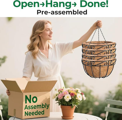AMAGABELI GARDEN & HOME 4 Pack 12 Inch Metal Plant Hanging Baskets Planter Flower Pots Outdoor Indoor Wire Hanging Basket for Vegetable with Coco Fiber Liners for Garden Home Porch Decor