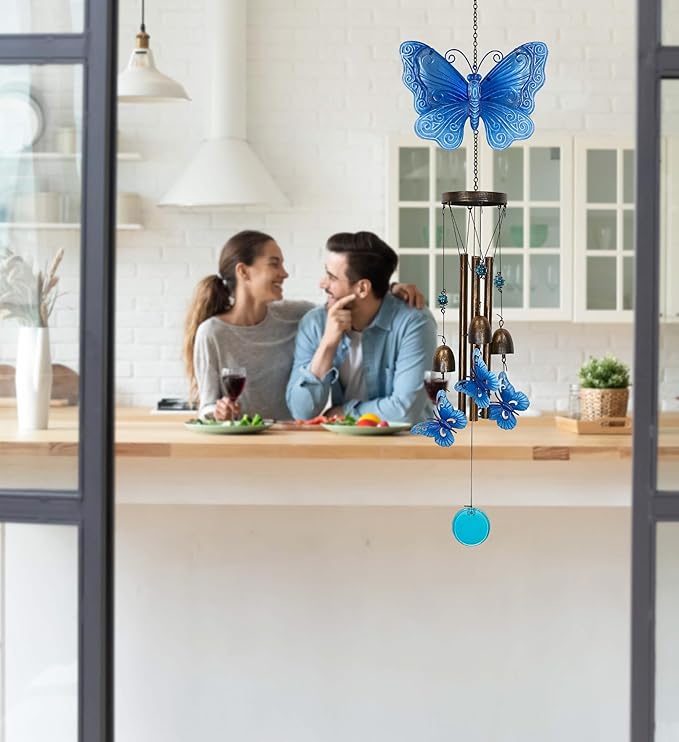 CoTa Global Blue Garden Butterfly Wind Chime - Handmade Glass and Metal Chime - Hanging Decor - Colorful Home Decor Gift, Indoor and Outdoor Hanging Decoration For Porch, Patio, and Garden - 35 Inches
