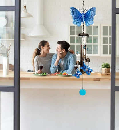 CoTa Global Blue Garden Butterfly Wind Chime - Handmade Glass and Metal Chime - Hanging Decor - Colorful Home Decor Gift, Indoor and Outdoor Hanging Decoration For Porch, Patio, and Garden - 35 Inches
