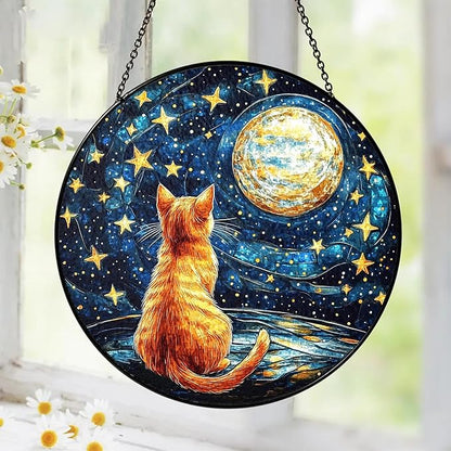 Orange Cat Stained Glass Suncatcher, Starry Night Orange Cat Lovers Gifts Window Hanging Garden Decor, Memorial Pet Loss Sympathy Gift Christmas Birthday for Grandma, Friends, Women