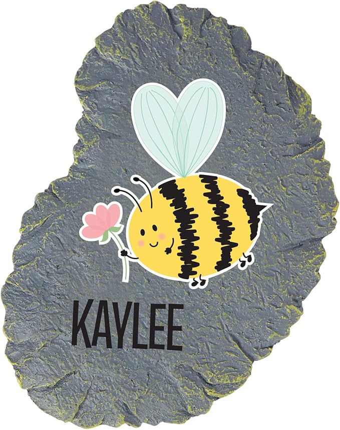Let's Make Memories Personalized Reasons to Bee Happy Garden Stone - Small Bee Garden Stone - Pink Flower Design - 6" Diameter