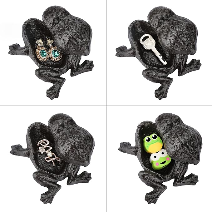JUXYES Frog Cast Iron Key Hider - Outdoor Small Garden Statue & Indoor Decoration Box for Key, Jewelry & Trinkets