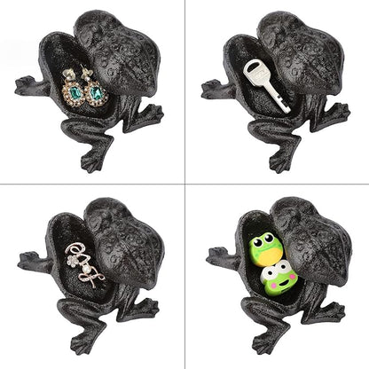 JUXYES Frog Cast Iron Key Hider - Outdoor Small Garden Statue & Indoor Decoration Box for Key, Jewelry & Trinkets