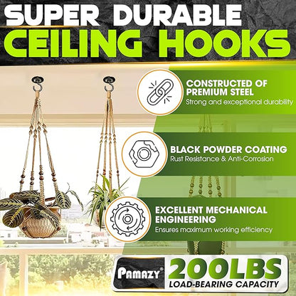 [UPGRADED] 200LBS 4Pcs Round Ceiling Hooks with Firmly Rotatable Button, Black Wall Mount Metal Hangers for Hanging Hanging Plants, Bird Feeder, Lantern, Lights, Wind Chime, Indoor Outdoor Decor