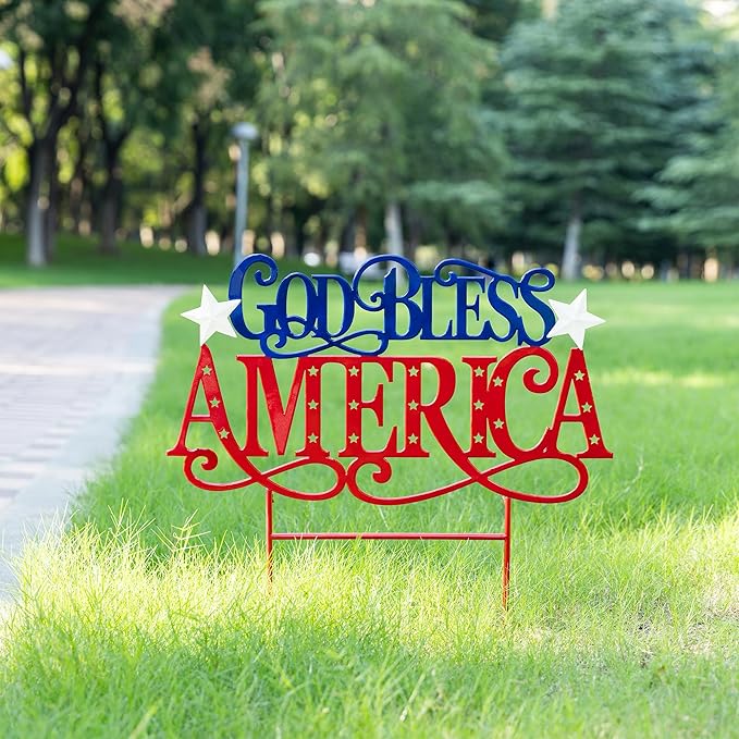 Glitzhome 4th of July Decorations Outdoor, 23.25"H Patriotic GOD BLESS AMERICA Decorative Garden Stakes, Metal Americana Patriotic Day Yard Sign, Memorial Day Yard Signs for Lawn Porch Decor