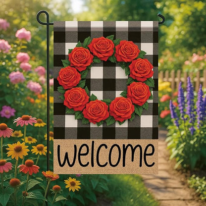 Buffalo Plaid Welcome Wreath Garden Flag Red Rose Flower Flag 12x 18 Inch Double Sided Spring Outdoor Fall Autumn Farmhouse Outdoor Small Decor for Porch Lawn Patio Yard