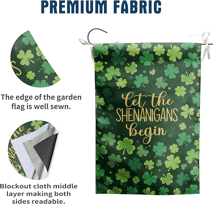 St Patricks Day Garden Flag 12x18 Double Sided for Outside Shamrock Clover Let the Shenanigans Begin Yard Signs Saint Patrick Spring Outdoor Decorative
