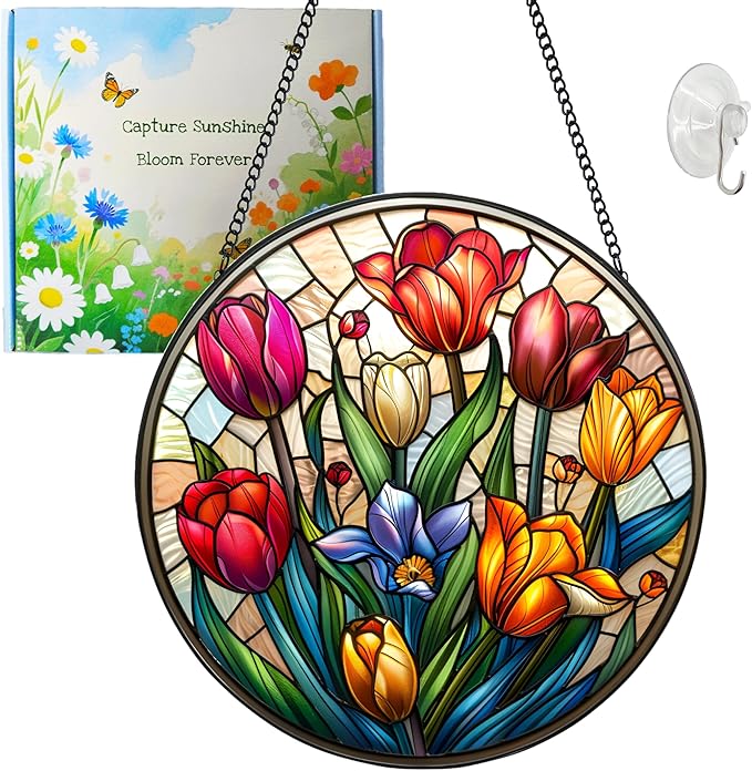 Tulip Suncatcher Stained Glass Suncatchers Stained Glass Ornament for Home Decor Indoor Wall Art Gift for Mother Women Friends (Tulip, M)