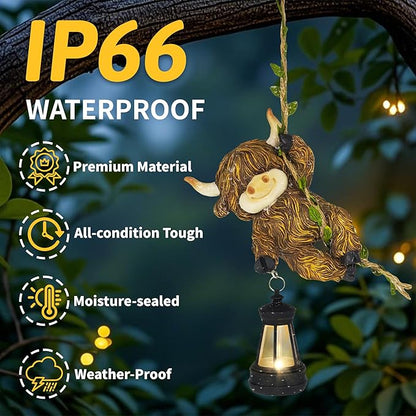 Hanging Highland Cow Decor: Garden Cow Statues with Solar Lantern Tree Decorations for Outdoor Yard Lawn Patio Porch Ideal Gardening Gifts for Mom Grandma Women