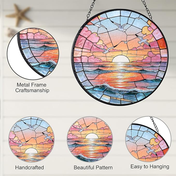 Hanging Stained Glass for Windows,20cm/7.87inch Sea Sunrise Stained Glass Suncatcher with Chain Garden Diamond Glass Panel Hangings Decoration for Home Decor Gifts for Family Friends Colleagues