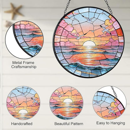 Hanging Stained Glass for Windows,20cm/7.87inch Sea Sunrise Stained Glass Suncatcher with Chain Garden Diamond Glass Panel Hangings Decoration for Home Decor Gifts for Family Friends Colleagues