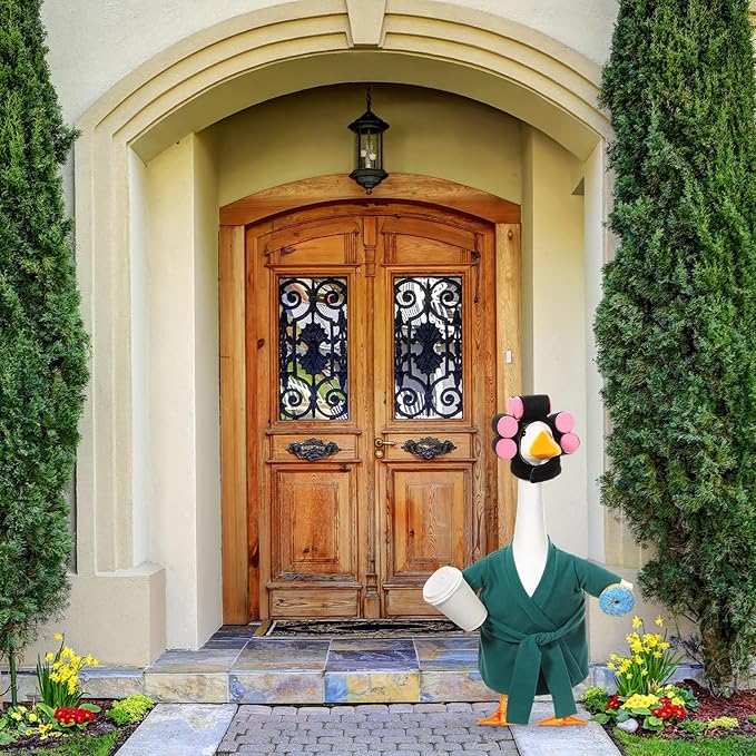 Shyyween Spring Porch Goose Outfit 23 Inch Green Lady Goose Statue Clothes Summer Bathrobe Coffee Cup Curlers for Cement Plastic Lawn Geese Outdoor Garden Yard Patio Decoration