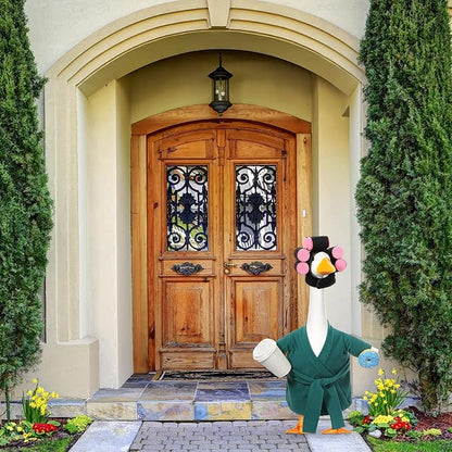 Shyyween Spring Porch Goose Outfit 23 Inch Green Lady Goose Statue Clothes Summer Bathrobe Coffee Cup Curlers for Cement Plastic Lawn Geese Outdoor Garden Yard Patio Decoration