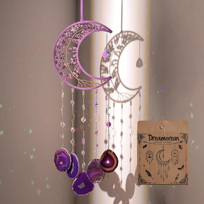 Amethyst Crystal Wind Chimes, Dreamocean Crystal Tree of Life Dream Catchers Moon Large Dream Catcher Wall Window Hangings Decor Gifts for Girls Adult Bedroom Home Decortion