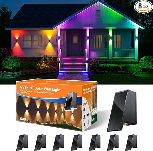 8 Pack Color Changing Solar Powered Fence Lights Outdoor Waterproof Wall Mount LED RGB Ambiance Lamps for Outside Patio, Deck, House, Pool Cage, Garden, Yard Decorative with 8 Colorful Lighting Modes