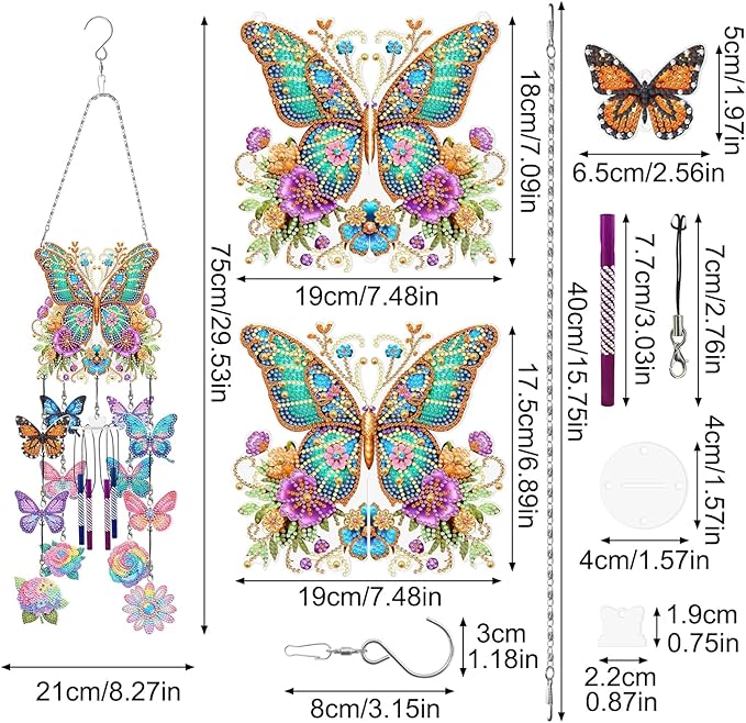 DIY Wind Chime Pendant Spring 3D Diamond Art Painting Hanging Ornament Double Sided Diamond Suncatchers for Window Home Backyard Garden Wall Door Decor (Butterfly04)