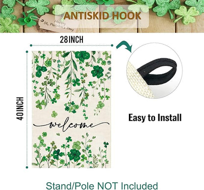 Baccessor St Patrick's Day Welcome House Flag 28 x 40 Inch Vertical Double Sided Green Shamrock Clover Lucky Large Yard Burlap Spring Rustic Happy Saint Patty's Day Irish Outdoor Decoration