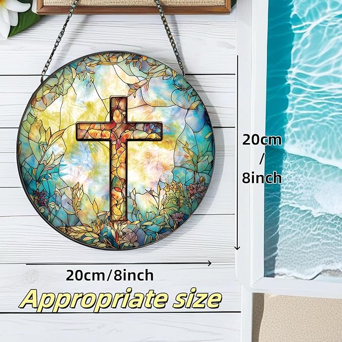 Stained Glass Cross Sun Catcher - 8'' Handcrafted Suncatcher for Window Home Decor, Symbolizing Faith, Hope, and Light, Perfect for Spiritual Spaces, Weddings, and Religious Celebrations (C)