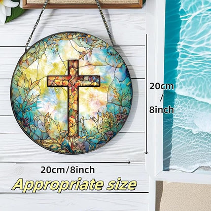 Stained Glass Cross Sun Catcher - 8'' Handcrafted Suncatcher for Window Home Decor, Symbolizing Faith, Hope, and Light, Perfect for Spiritual Spaces, Weddings, and Religious Celebrations (C)