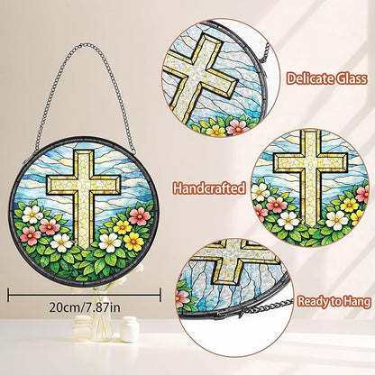 Cross Flower Stained Suncatcher, 8" Round Christian Glass Window Hanging with Metal Chain, Religious Decorative Glass Art for Home Garden, Faith Gift for Mom Grandma